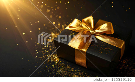 Elegant black gift box with golden ribbon, glowing with golden sparkles and shimmering light, creates festive and luxurious atmosphere perfect for celebrations Elegant black gift box with golden ribbon, glowing with golden sparkles and shimmering light, creates festive and luxurious atmosphere perfect for celebrations 125539110