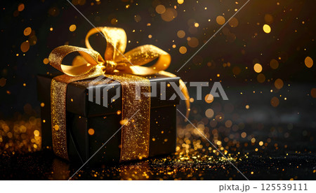 Elegant black gift box with golden ribbon, glowing with golden sparkles and shimmering lights, creates festive and joyful atmosphere 125539111