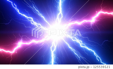 vibrant electric storm with magical lightning bolts radiating from central point creates stunning visual display of energy and color. glowing blue and pink hues evoke sense of wonder 125539121