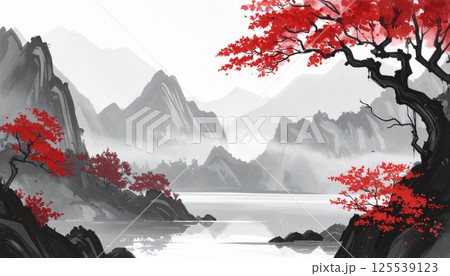 serene Japanese landscape painting featuring rugged mountains shrouded mist, with vibrant red trees contrasting against monochromatic background. tranquil scene evokes sense of peace and mystique serene Japanese landscape painting featuring rugged mountains shrouded mist, with vibrant red trees contrasting against monochromatic background. tranquil scene evokes sense of peace and mystique 125539123