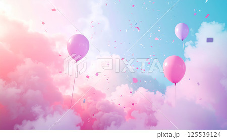 whimsical landscape featuring pastel colored balloons floating amidst fluffy clouds, creating dreamy atmosphere filled with confetti and soft hues. scene evokes sense of joy and celebration 125539124