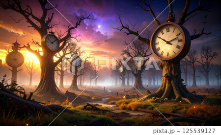surreal landscape featuring post apocalyptic forest where large clocks grow on dead trees, illuminated by vibrant purple twilight sky. scene evokes sense of wonder and mystery 125539127