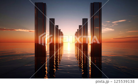 Futuristic glass pillars create stunning portal over reflective ocean surface, illuminated by vibrant sunset. serene atmosphere evokes sense of wonder and tranquility Futuristic glass pillars create stunning portal over reflective ocean surface, illuminated by vibrant sunset. serene atmosphere evokes sense of wonder and tranquility 125539138