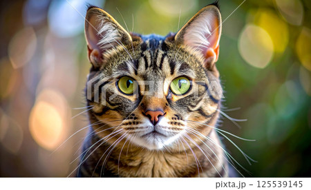 stunning close up of beautiful tabby cat with sharp, focused green eyes and fine fur textures, capturing essence of feline grace and curiosity 125539145
