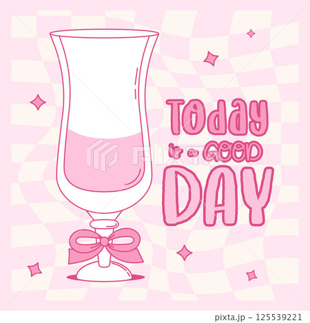 Vintage Coquette Glass Drink with Pink Bow. Aesthetic Cocktail on Groovy Twisted Checkered Background. Romantic Girly Vibe. Vector illustration. Trendy Mood square Card with Slogan 125539221