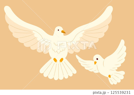 Two White Dove of Peace and Spirit. Religious Symbol Holy Spirit of Catholic or Christian Culture. Holiday Biblical Series. Vector Illustration. Isolated flying bird on beige background Two White Dove of Peace and Spirit. Religious Symbol Holy Spirit of Catholic or Christian Culture. Holiday Biblical Series. Vector Illustration. Isolated flying bird on beige background 125539231