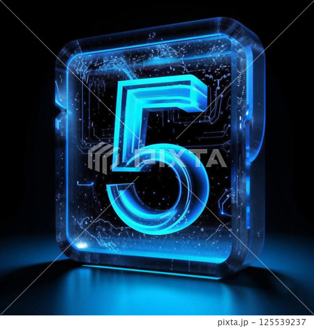 The number five in a creative design.  A shimmering, iridescent number five, framed by a neon square border.  AI generated. 125539237