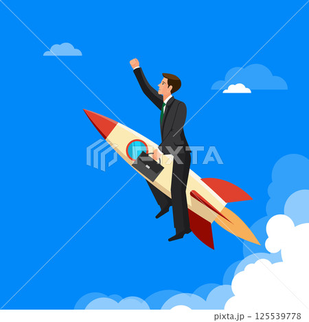 Business concept, man is victoriously flying with the rocket ahead of all rivals Business concept, man is victoriously flying with the rocket ahead of all rivals 125539778