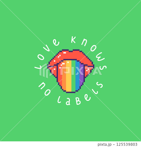 Square pride poster with bright red lips, rainbow tongue and phrase Love Knows No Labels. LGBT banner in pixel style. Hand drawn vector illustration. Square pride poster with bright red lips, rainbow tongue and phrase Love Knows No Labels. LGBT banner in pixel style. Hand drawn vector illustration. 125539803