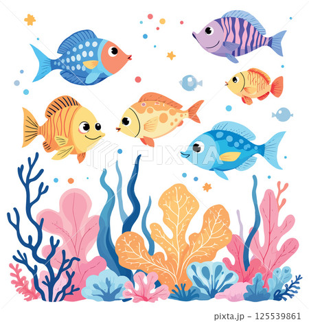 Vsai colorful tropical fish swimming over coral reef in cartoon style Vsai colorful tropical fish swimming over coral reef in cartoon style 125539861