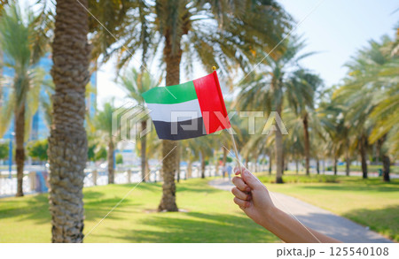 female hand holding tiny flag of UAE 125540108
