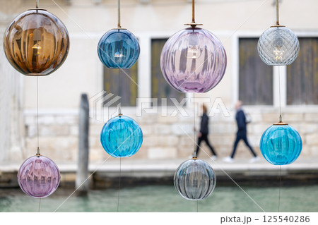 Colorful glass lamps in Murano restaurant 125540286