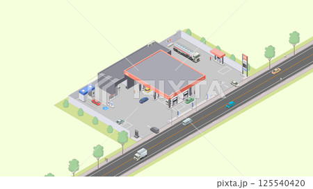 アイソメトリック図法で描いたガソリンスタンドのイメージ(緑地) アイソメトリック図法で描いたガソリンスタンドのイメージ(緑地) 125540420
