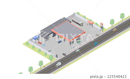 アイソメトリック図法で描いたガソリンスタンドのイメージ（無地） 125540421