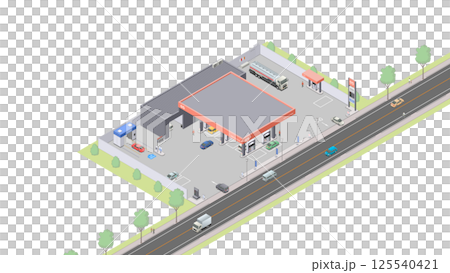 アイソメトリック図法で描いたガソリンスタンドのイメージ（無地） 125540421