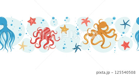 Seamless Horizontal Border with Playful Octopuses, Bubbles and Starfish. Underwater Ocean Pattern for Fabric, Wallpaper and Stationery Design. Repeatable Vector Illustration. 125540508