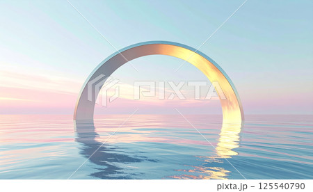 giant silver and gold arc gracefully bends across tranquil ocean, reflecting soft pastel hues of sky. This hyperminimalistic scene evokes sense of serenity and wonder 125540790