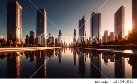 stunning minimalist futuristic cityscape featuring tall mirrored skyscrapers rising from smooth reflective surface, creating serene and captivating atmosphere 125540810