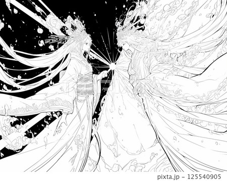 繊細なラインで表現されたアマテラスとツクヨミ、光と影の交差点での緊張感を感じさせる 125540905