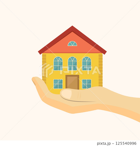 Affordable housing icon. House in hand vector illustration. Flat style 125540996