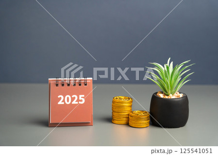 Calendar 2025 and coins. Budget planning concept. Financial goals and plans. Business and finance concept. Forecasting and analysis. Investments. Vision Calendar 2025 and coins. Budget planning concept. Financial goals and plans. Business and finance concept. Forecasting and analysis. Investments. Vision 125541051