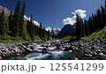 Rushing mountain river turquoise water flowing through rocky landscape pristine wilderness nature power force motion energy fresh clean environment outdoor adventure scene 125541299