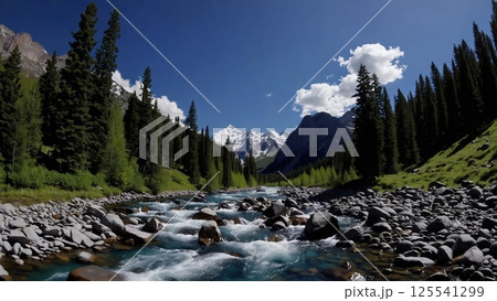 Rushing mountain river turquoise water flowing through rocky landscape pristine wilderness nature power force motion energy fresh clean environment outdoor adventure scene 125541299