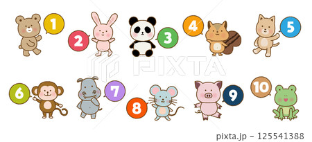 かわいい全身動物と数字ふきだしセット｜ベクター素材 125541388