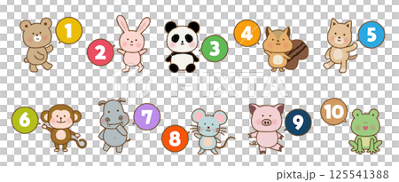 かわいい全身動物と数字ふきだしセット｜ベクター素材 125541388