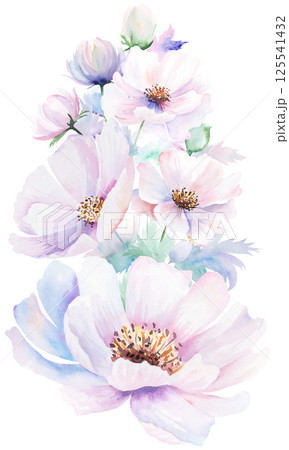 Watercolor bouquet with pink peony flowers and leaves, pastel romantic wedding isolated illustration Watercolor bouquet with pink peony flowers and leaves, pastel romantic wedding isolated illustration 125541432