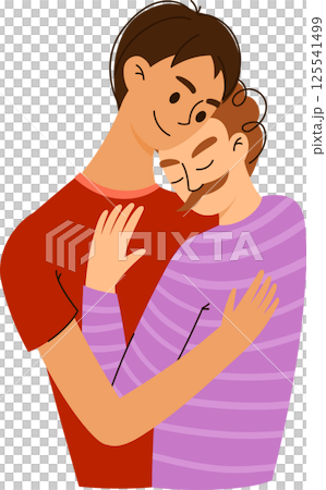 Gay Couple Hugging Illustration Isolated on White. Happy and Smiling LGBT Men in Romantic Relationship. Homosexual enamored people of same sex. Male valentines, boyfriends embracing 125541499
