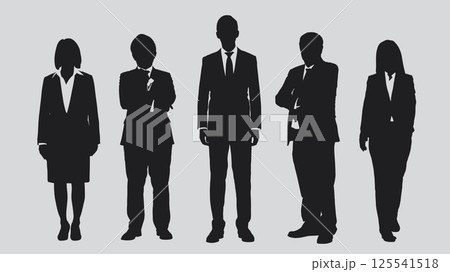 A group of business professionals in silhouette, standing in a line together on gray background, flat line vector and illustration. 125541518