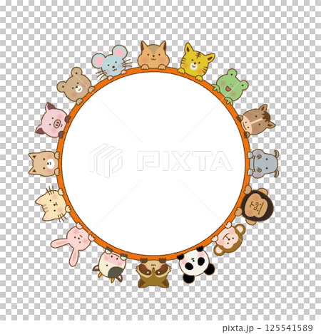 手書き風　動物の顔フレームイラスト｜かわいい囲み素材｜クマ・ネコ・ウサギなど 125541589