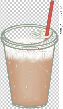 Iced cappuccino with milk foam served in a clear plastic glass  125541649