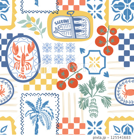 Mediterranean summer seamless pattern. Cute ceramic tile ornament, Italian coastal food, lobster sardine in vector. 125541683