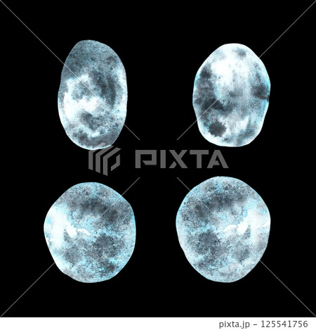 Hand painted watercolor abstract round spots set Illustration. Monochrome gradient gray, blue and black spots and splashes, brush strokes. Black background, clipart for print, sticker, logo. Isolated Hand painted watercolor abstract round spots set Illustration. Monochrome gradient gray, blue and black spots and splashes, brush strokes. Black background, clipart for print, sticker, logo. Isolated 125541756