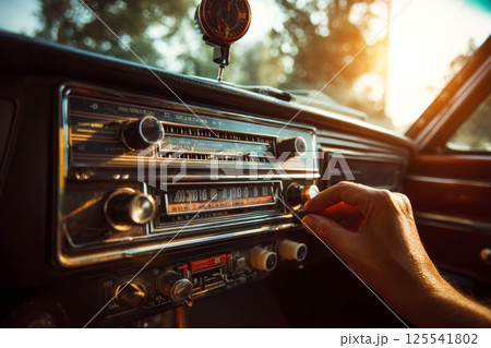 Hand tuning retro car radio on vintage dashboard 125541802
