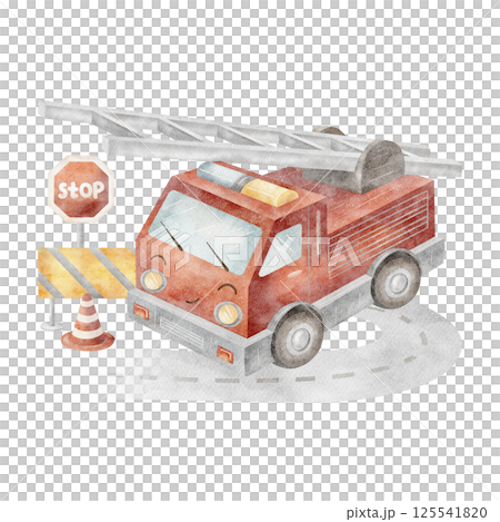 Watercolor illustration fire brigade, city transport, car boy. Composition with road signs, highway hand drawn in cartoon style on isolated background for design children cards, posters, baby clothes Watercolor illustration fire brigade, city transport, car boy. Composition with road signs, highway hand drawn in cartoon style on isolated background for design children cards, posters, baby clothes 125541820