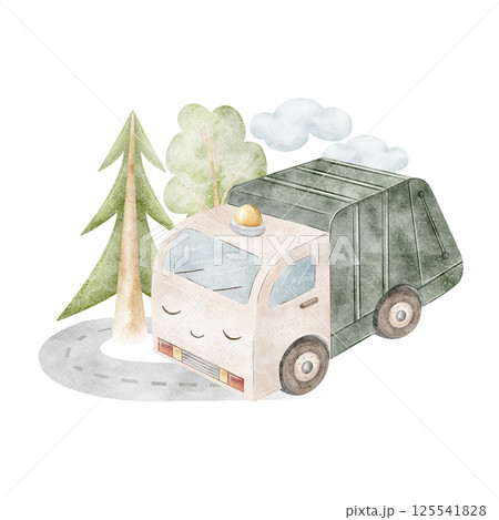 Watercolor illustration garbage truck car, city transport, road, trees, clouds. Children's composition hand drawn in cartoon style on isolated background for design of postcards, posters, baby clothes 125541828