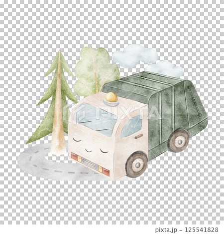 Watercolor illustration garbage truck car, city transport, road, trees, clouds. Children's composition hand drawn in cartoon style on isolated background for design of postcards, posters, baby clothes 125541828