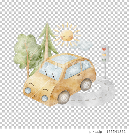 Watercolor illustration cheerful car driving on the road in forest, sun, clouds. Retro composition hand drawn in cartoon style on isolated background for design children cards, posters, baby clothes 125541831