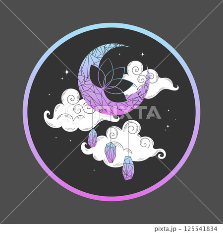 Round celestial emblem with crystal crescent moon in dark sky with clouds. Crescent moon decorated with crystals and lotus flower. Vector illustration Round celestial emblem with crystal crescent moon in dark sky with clouds. Crescent moon decorated with crystals and lotus flower. Vector illustration 125541834