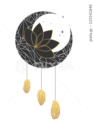 Celestial crystal crescent moon decorated with crystals and lotus flower. Vector illustration 125541840