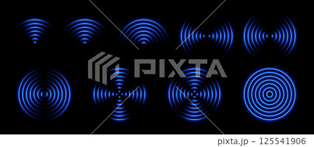 Radar waves or wifi light effect. Sound signal and sensor antenna with neon glow. Scanning and detecting on the field. Vector set of abstract elements. Radar waves or wifi light effect. Sound signal and sensor antenna with neon glow. Scanning and detecting on the field. Vector set of abstract elements. 125541906