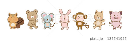 笑顔で並ぶかわいい動物たち｜リス・クマ・ネズミ・ウサギ・サル・ネコ・ブタ｜ポーズ付きベクター素材 125541935