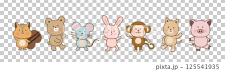 笑顔で並ぶかわいい動物たち｜リス・クマ・ネズミ・ウサギ・サル・ネコ・ブタ｜ポーズ付きベクター素材 125541935