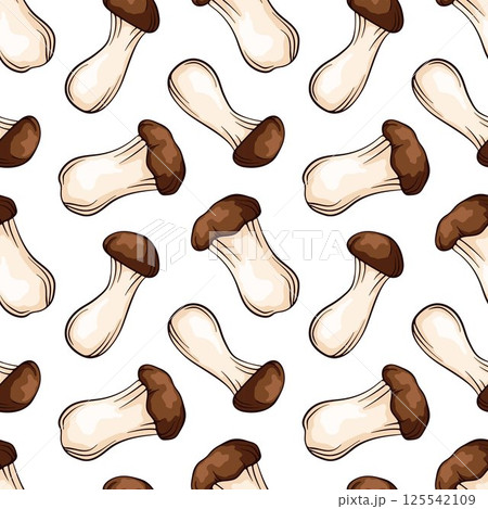 Seamless pattern with King Trumpet Oyster mushroom in line art, cartoon style. Design template for textile, wallpaper, print. Vector illustration on a white background. Seamless pattern with King Trumpet Oyster mushroom in line art, cartoon style. Design template for textile, wallpaper, print. Vector illustration on a white background. 125542109