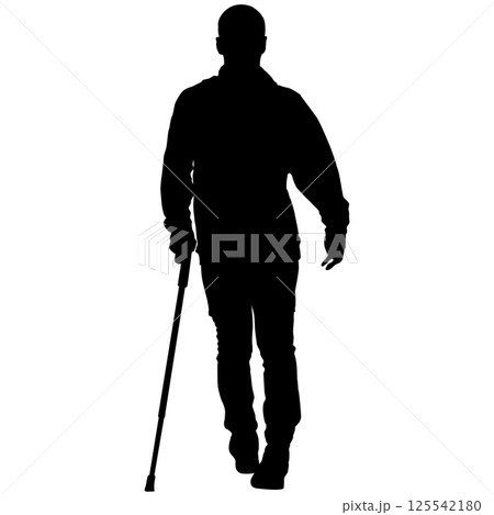 Man disabled walking with cane crutch isolated silhouette 125542180