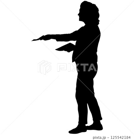 Woman giving an advertising brochure isolated silhouette 125542184