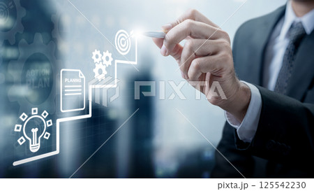 Businessman with a pen touching the step icon of the action plan. Technology innovation on a virtual screen. Concept of the action plan 125542230